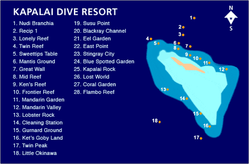 Detailed dive site map of Kapalai Dive Resort, showing the locations of 28 unique sites including Mandarin Garden, Mantis Ground, and Stingray City.