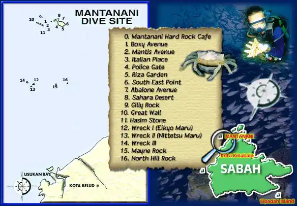 Dive site map of Mantanani Island in Sabah, detailing reef locations and famous shipwrecks like the Eikyo Maru and Nittetsu Maru.