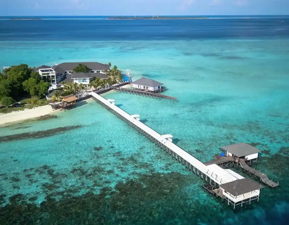 Aerial Drone View Arcadia Beach Resort Aerial drone view of the beachfront and overwater resort Arcadia Beach Resort