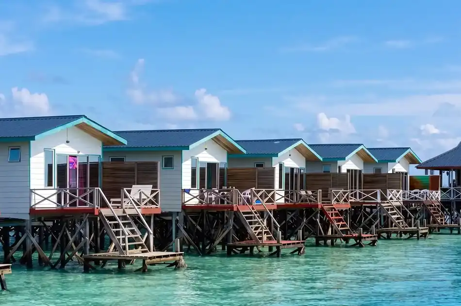 Aerial Drone View Blue Ocean Resort Aerial drone view of the overwater structures and turquoise sea Blue Ocean Resort