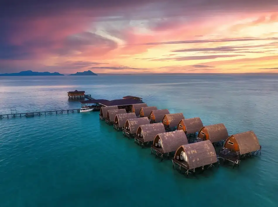 Hero Shot Crystal Resort Stunning hero shot of the overwater Crystal Resort in Semporna