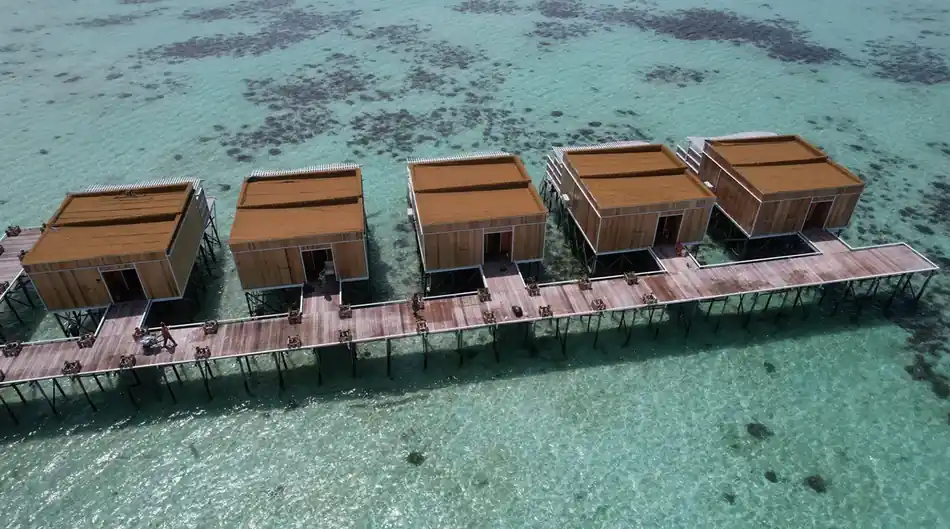 Aerial Drone View F-Lina Water Villa Resort Aerial drone view of the F-Lina Water Villa Resort layout