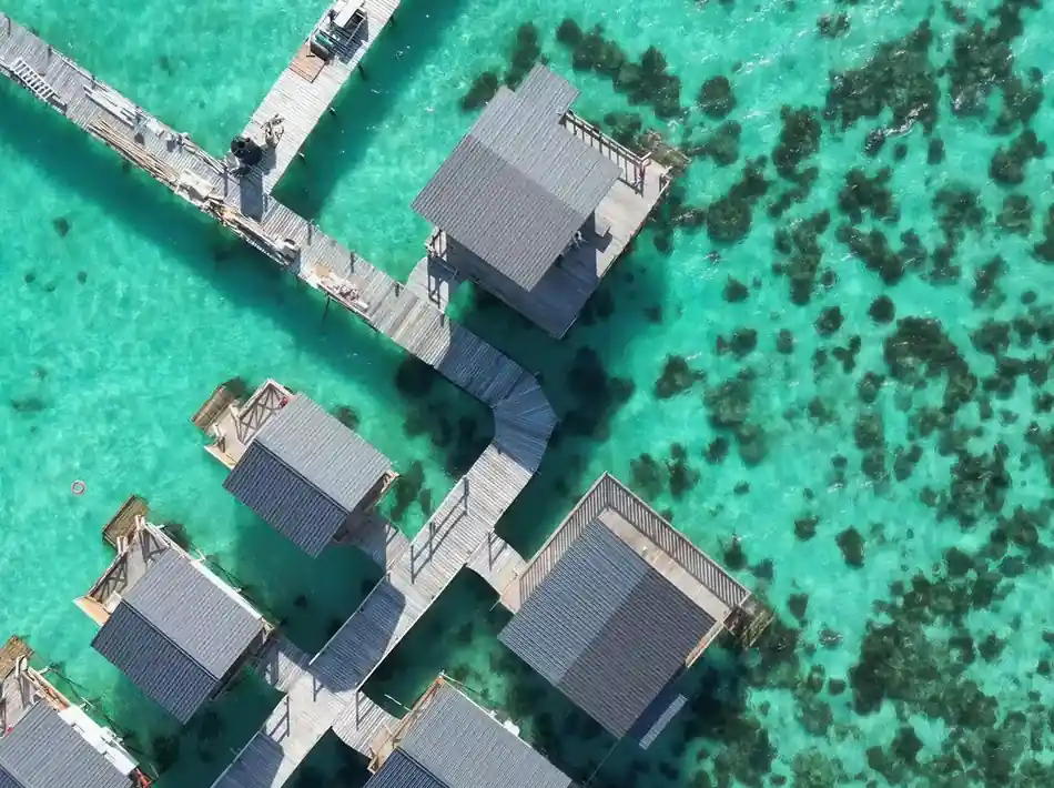 Aerial Drone View Fairyland Resort Aerial drone view of the overwater Fairyland Resort