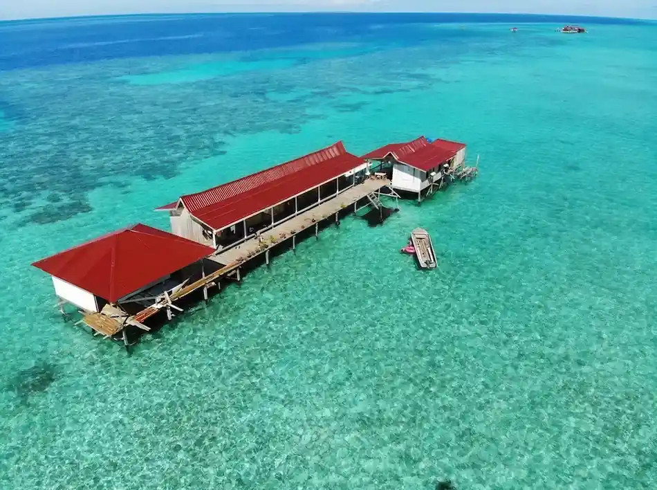 Aerial Drone View Grand Dive Resort Aerial drone shot of the Grand Dive Resort overwater structures