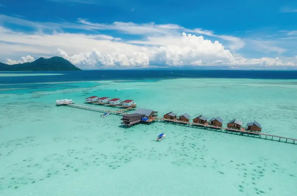 Aerial Drone View Larapan Water Village Aerial drone view of the overwater Larapan Water Village