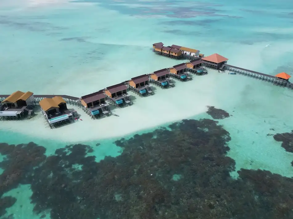Aerial Drone View Moana Water Village Aerial drone view of the Moana Water Village overwater structures