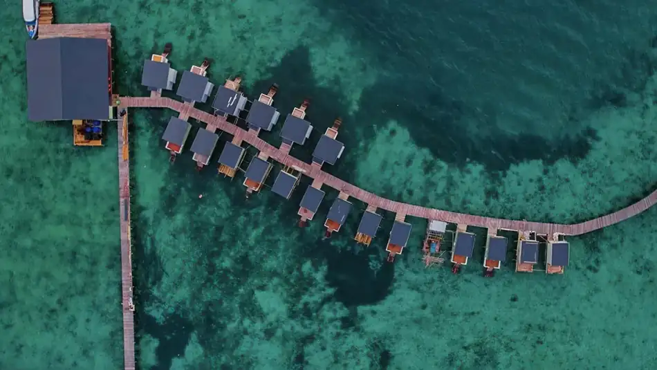 Aerial Drone View Nia Resort Aerial drone view of the Nia Resort overwater structures