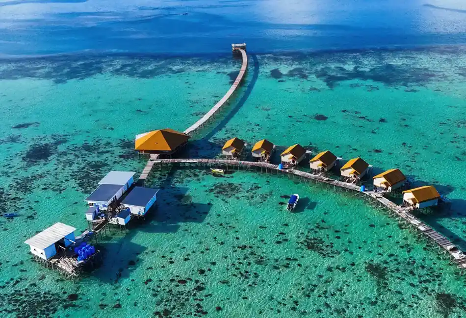 Aerial Drone View Orange Wave Resort Aerial drone view of the overwater bungalow layout Orange Wave Resort