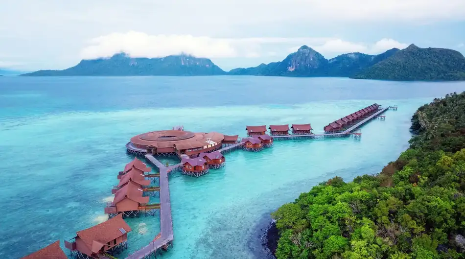 Aerial Drone View Pearl Island Resort Aerial drone view of the Pearl Island Resort in Semporna