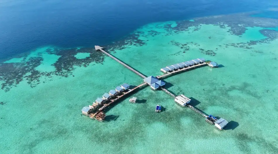 Aerial Drone View Sagittarius Resort Aerial drone view of the overwater Sagittarius Resort layout