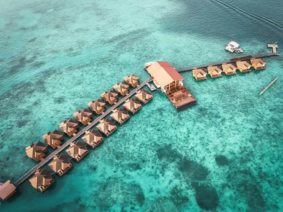 Aerial Drone View Sea Star Resort Aerial drone view of the overwater Sea Star Resort layout