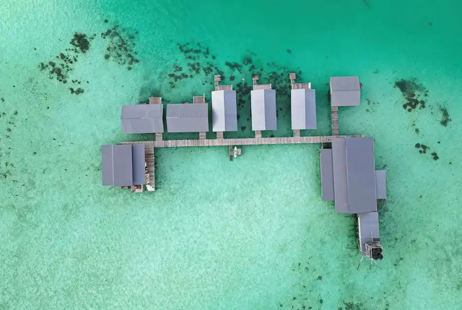 Aerial Drone View Sisipan Island Resort Aerial drone view of the overwater Sisipan Island Resort