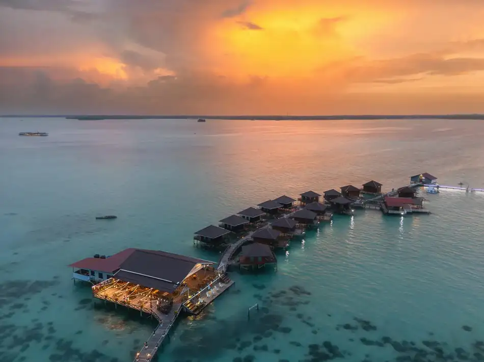 Aerial Drone View Sky Water Villas Aerial drone view of the Sky Water Villas overwater resort