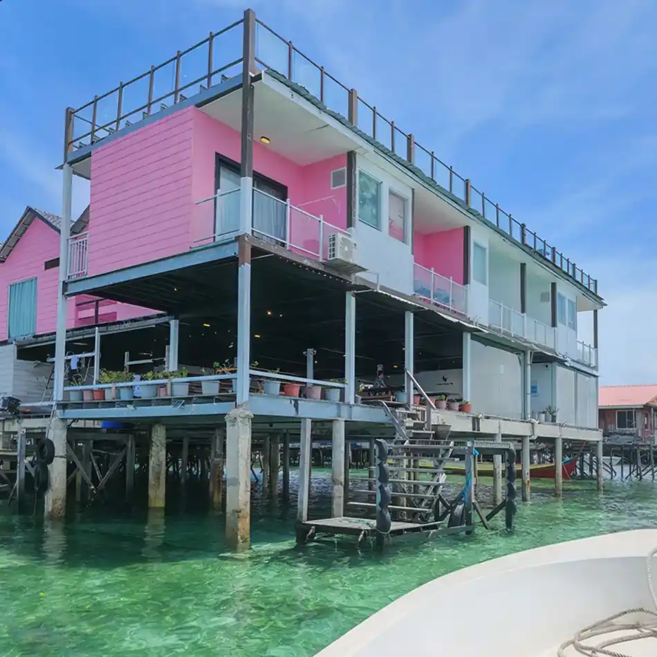 Overwater Chalets View Sunny Holiday Scenic view of the overwater wooden chalets Sunny Holiday