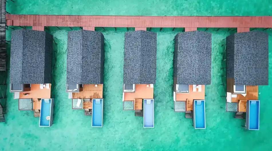 Aerial Drone View Turtle Seaweed Resort Aerial drone view of the overwater Turtle Seaweed Resort